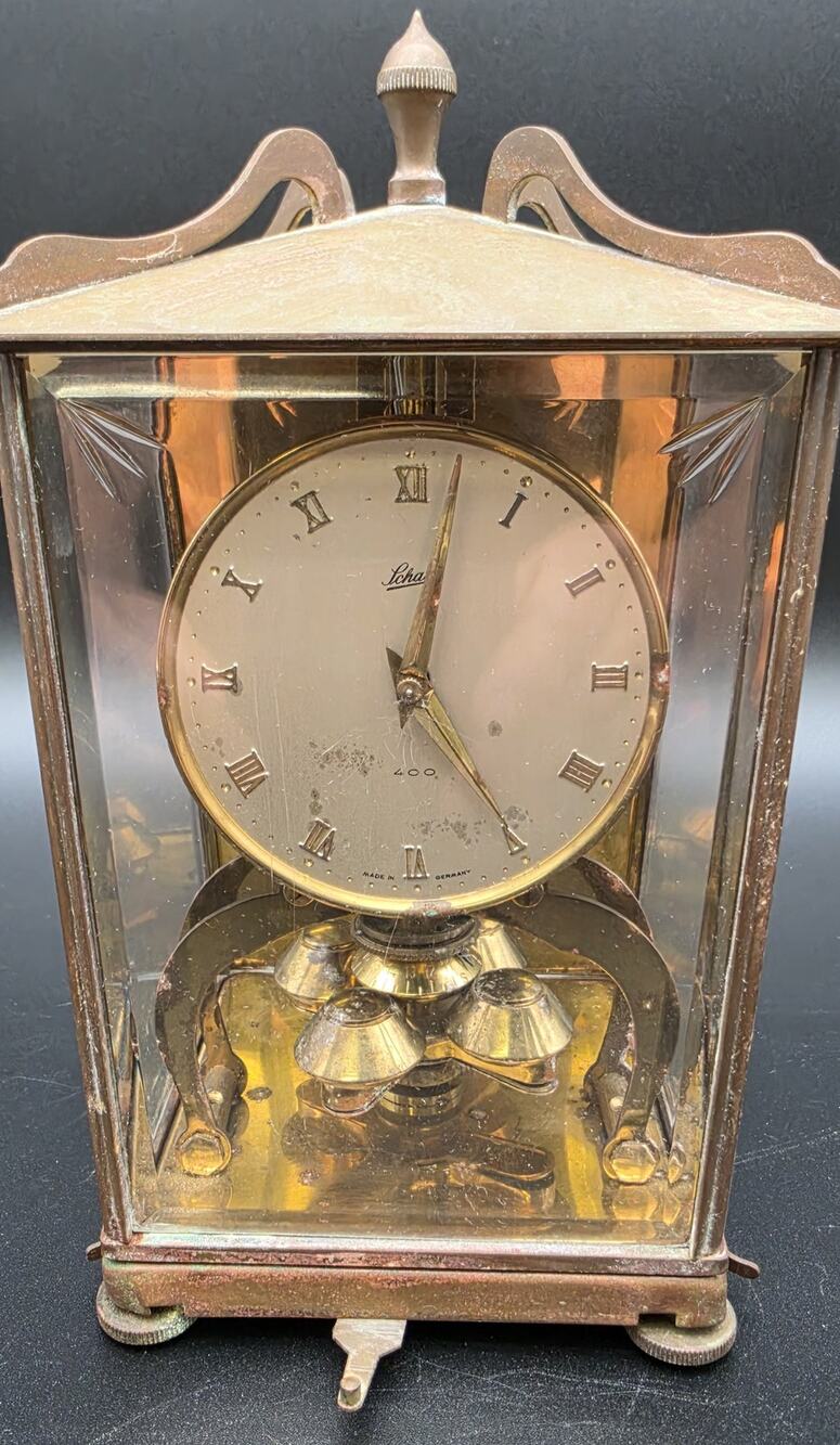 Vintage Schatz 400‑Day Torsion Clock Germany Brass & Glass Case w/ Key – Repair